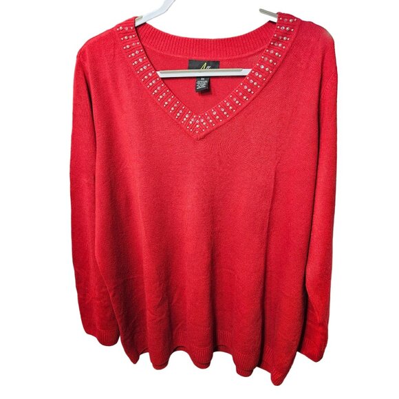 Allegra Red V-Neck Sweater With Studded Neckline - Size 3X - Picture 1 of 4